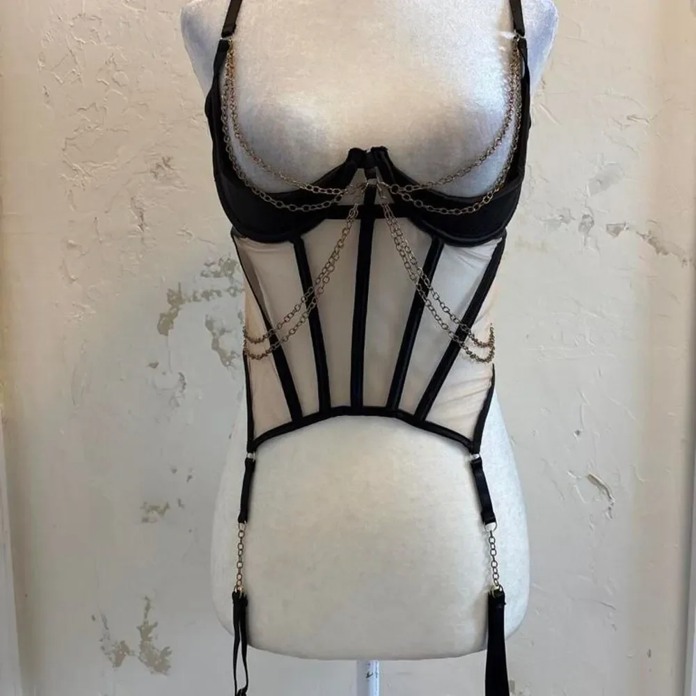 Women's Medium Black Corset with gold Chains